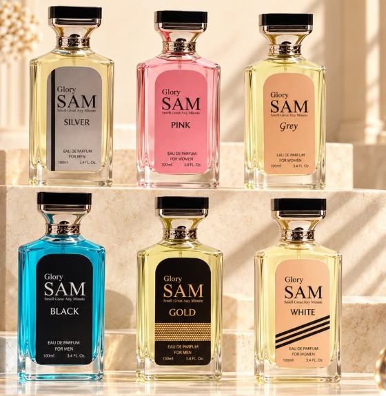 The six Glory SAM eaux de parfum: Silver, Pink, Grey, Black, Gold and White